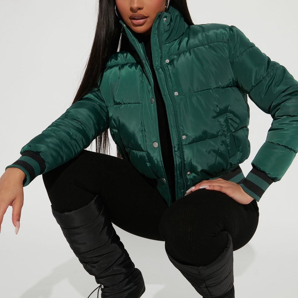 Green puffer coat